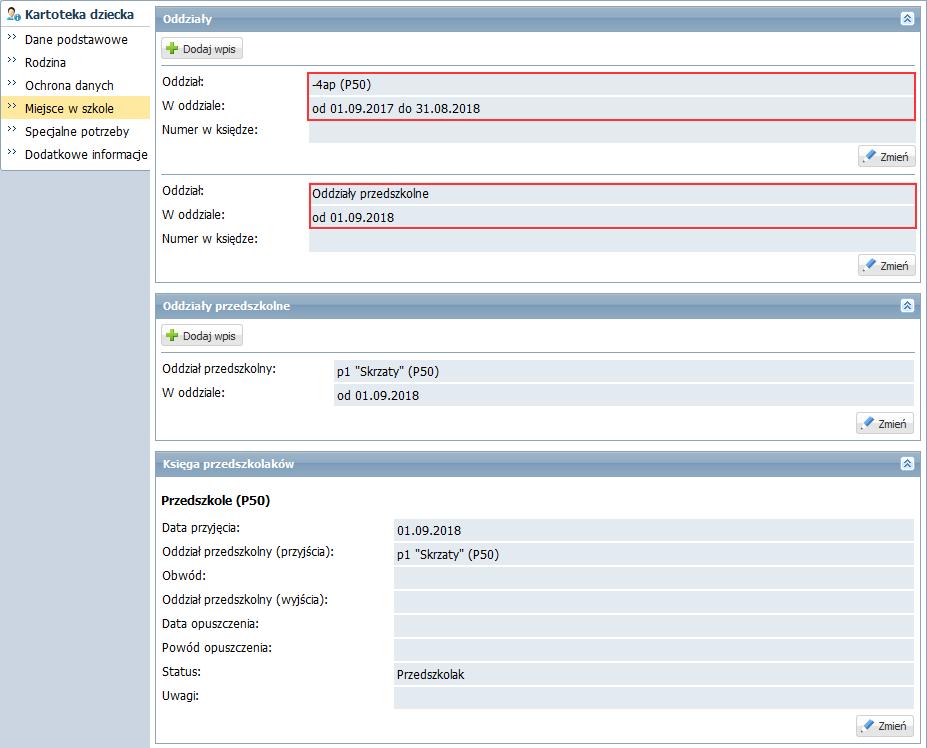 wyświetla się również sekcja Oddziały, w której automatycznie zamykany jest ostatni wpis z datą 31 sierpnia 2018 i dodawany jest wpis o przynależności