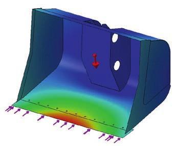 (MES) w programie Solidworks 2017. Analiza wskazała miejsca konstrukcji czerpaka, w których występują największe naprężenia podczas pracy ładowarki.
