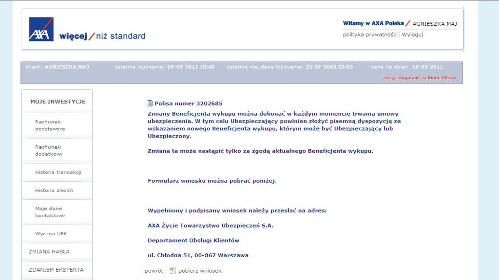 Dla klientów Planu Inwestycyjnego AXA ze składką jednorazową Serwis AXA ON-LINE umożliwia Ci szybką zmianę danych Uposażonego oraz ustanowienie nowego.