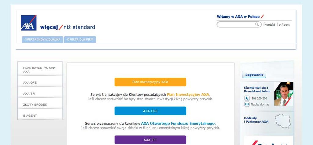 Wybierz Plan Inwestycyjny AXA, a otrzymasz dostęp do okna bezpośredniego logowania do części transakcyjnej. Wpisz AXAKOD oraz HASŁO1, a następnie kliknij Zaloguj.