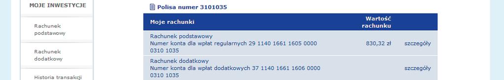 Klikając na jedną z polis w tabeli wyświetlisz ekran, na którym możesz sprawdzić wartości rachunków dla wybranego Planu Inwestycyjnego AXA.