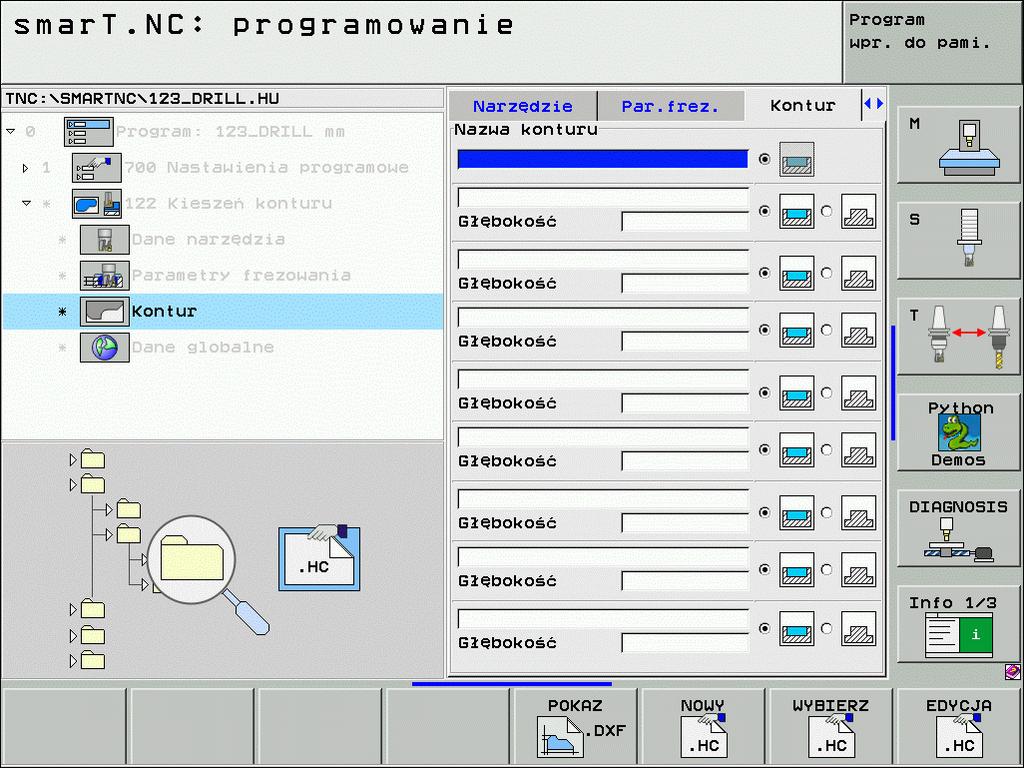 Dodatkowe parametry w formularzu szczegółowym Kontur: Głębokość: oddzielnie definiowalne głębokości dla każdego podkonturu (FCL 2-funkcja) Listę podkonturów rozpoczynać zasadniczo zawsze z