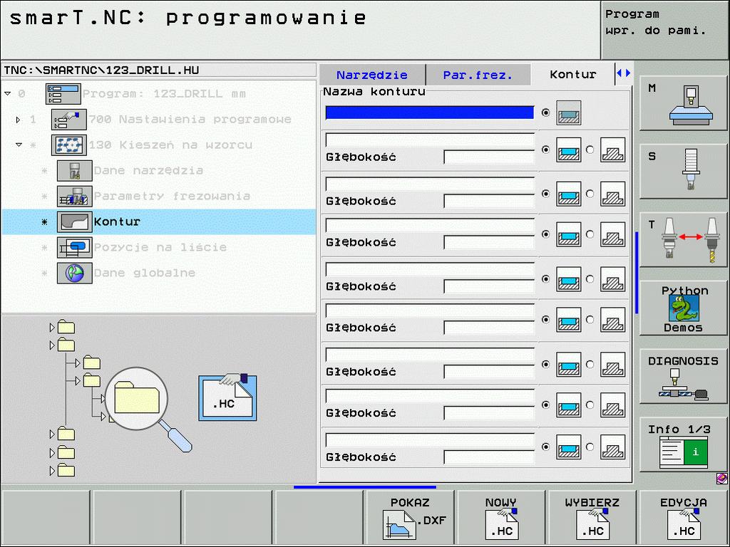 Dodatkowe parametry w formularzu szczegółowym Kontur: Głębokość: oddzielnie definiowalne głębokości dla każdego podkonturu (FCL 2-funkcja) Listę podkonturów rozpoczynać zasadniczo zawsze z