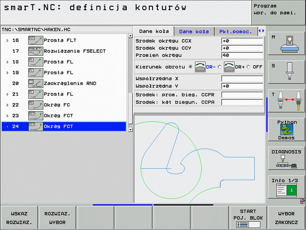 Rozmaite kolory wyświetlanych elementów konturu określają ich ważność: niebieski element konturu jest jednoznacznie określony zielony wprowadzone dane dopuszczają kilka rozwiązań: operator wybiera