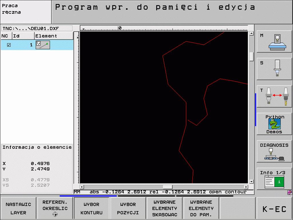 Przetwarzanie plików DXF (opcja software) Informacje o elemencie TNC pokazuje na ekranie z lewej strony u dołu różne informacje o elemencie konturu, wybranym ostatnio w lewym lub w prawym oknie przy