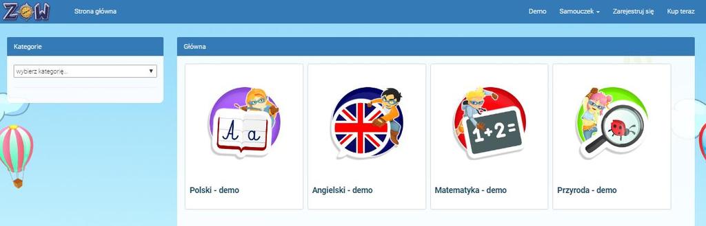 Użytkownik został zalogowany pojawi się strona z dostępem do aplikacji: Demo Opcja Demo kieruje użytkownika do strony z przykładowymi quizami do rozwiązania. W tym celu należy kliknąć przycisk Demo.