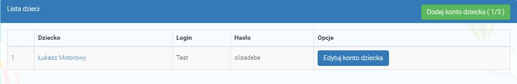 Dzieci Moduł ten pozwala użytkownikowi na dodawanie oraz edycję konta dziecka.