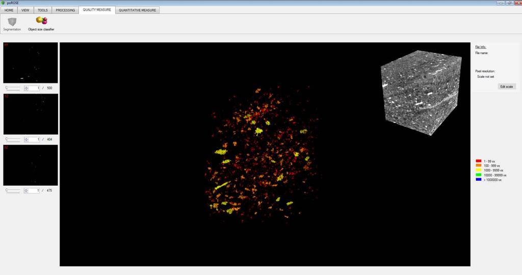 Rys. 4. Obraz 3D przestrzeni porowej z CT, próbka 1, program porose. Kolory: czerwony 0 99 wokseli, pomarańczowy 100 999 wokseli, żółty 1000 9999 wokseli Fig. 4. 3D visualization of pore space from CT, sample 1, porose software.