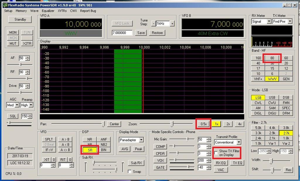 pojawia się okno transceivera: Ja w tym momencie przełączam się na jakieś pasmo (np. 80M), ustawiam Zoom na 0,5x, wyłączam SR i zaznaczam ptaszka przy Show TX Filter.
