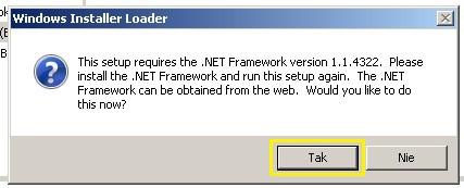 Pojawia się informacja: Tutaj instalator informuje nas o konieczności zainstalowania oprogramowania o nazwie NET Framework versjon 1.