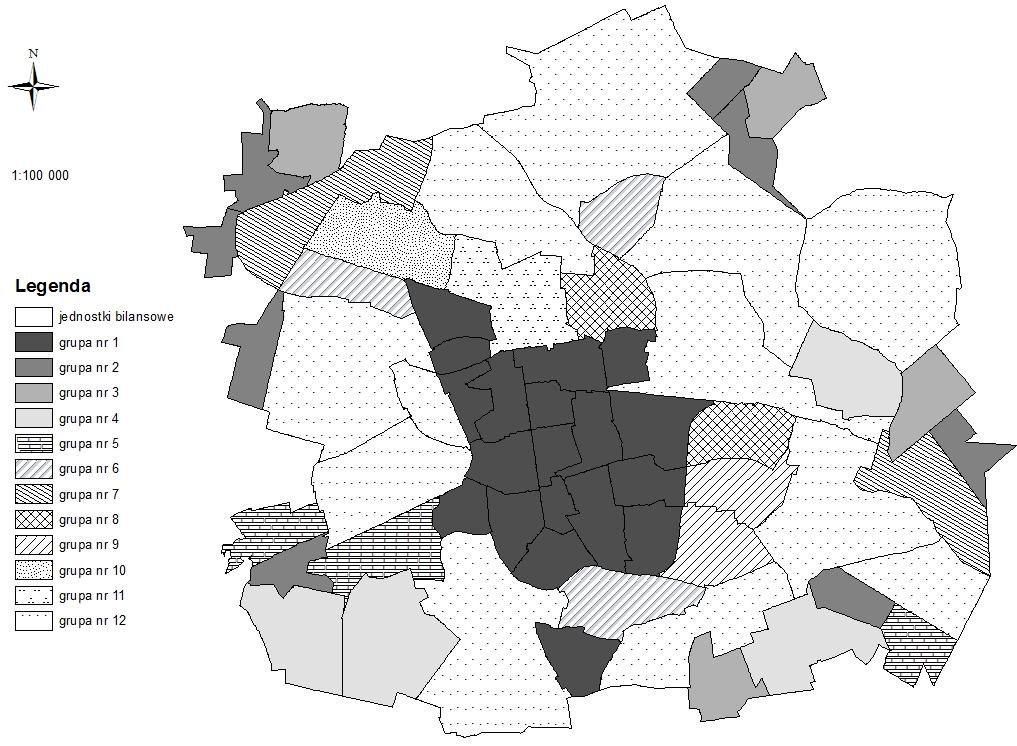Ryc. 7. Grupy obszarów podobnych w podziale na 61 bilansowych jednostek urbanistycznych Łodzi Źródło: opracowanie własne na podstawie uporządkowanego diagramu Czekanowskiego.