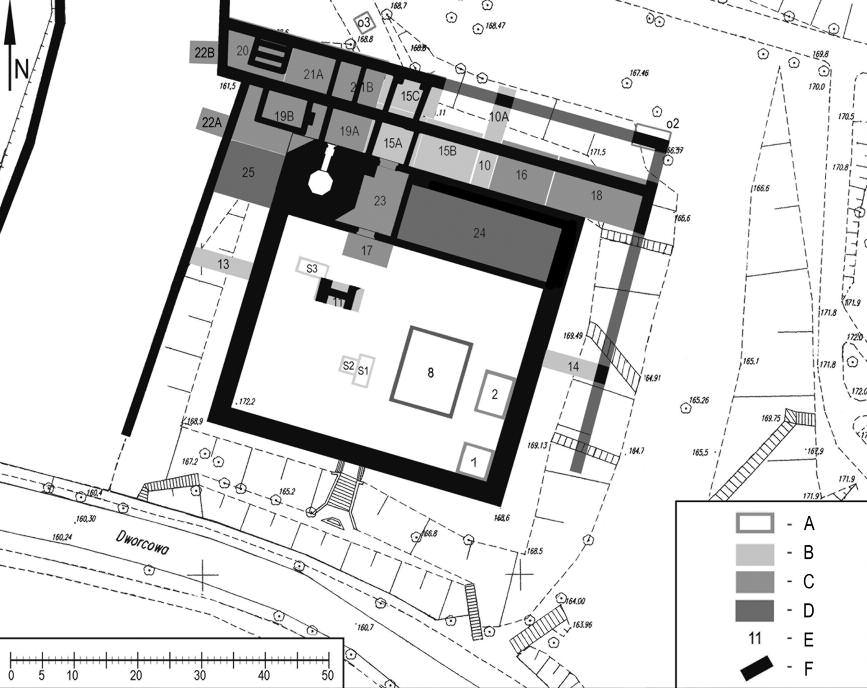 PLANSZA 96 Ryc. 1. Plan założenia zamkowego w człuchowie z zaznaczonym obszarem prac badawczych (A wykopy z lat 1960 2003; B wykopy z 2008 r. (10 15); c wykopy z 2009 r.