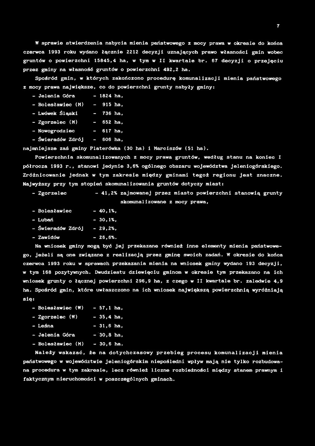 7 W sprwe stwerdzen nyc men pństwowego z mocy prw w okrese do końc czerwc 99 roku wydno łączne decyzj uznjących prwo włsnośc gmn woec gruntów o powerzchn 5845,4 h, w tym w II kwrtle r.