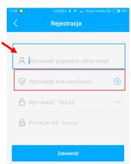 2) Wprowadzamy adres e-mail i naciskamy [ ], na podanego e-mail dostajemy kod