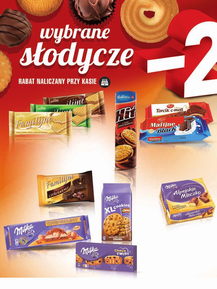 2 39 2,99 1,20 zł 4 79 5,99 WAFLE FAMILIJNE JUTRZENKA 180 g 1,33 zł / 100 g 3 19 3,99 MARKIZY HIT BAHLSEN 4 rodzaje 220 g, 1,45 zł / 100 g 3 19 3,99 CIASTKA Mafijne Black Mafijne śmietankowo-