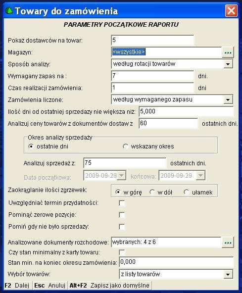 Po wybraniu tej opcji pokaŝe się okienko z parametrami wg, których ma zostać wygenerowana propozycja zamówienia.
