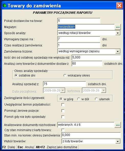 Po wybraniu tej opcji pokaŝe się okienko z parametrami wg, których ma zostać wygenerowana propozycja zamówienia.