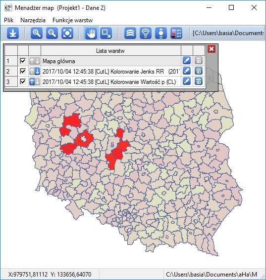 Mapy By przedstawić wyniki na mapie należy uruchomić Menadżer Map poprzez menu: Analiza przestrzenna Menadżer map, Warstwy analizy mogą zostać nałożone na mapę poprzez w oknie menadżera map.