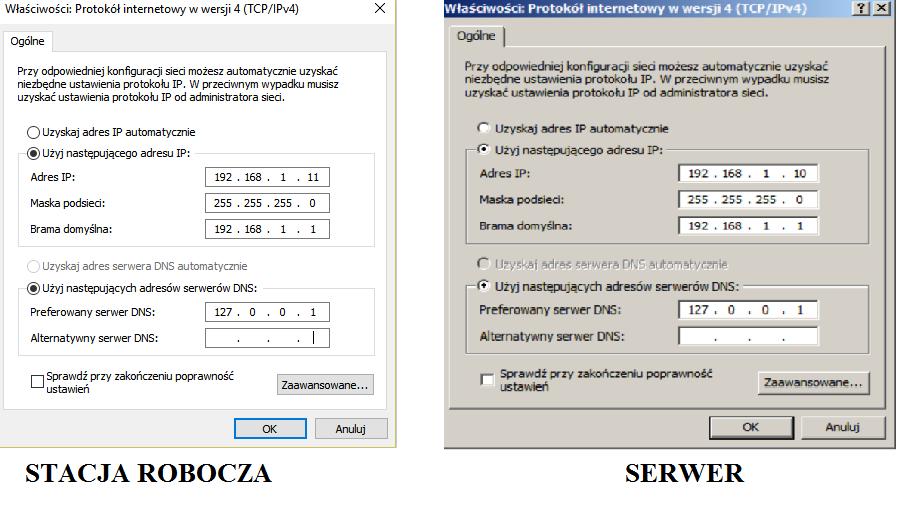 Zadanie 39. Rysunek przedstawia konfigurację protokołu TCP/IP serwera i stacji roboczej. Na serwerze jest zainstalowana rola serwera DNS. Polecenie ping www.cke.edu.