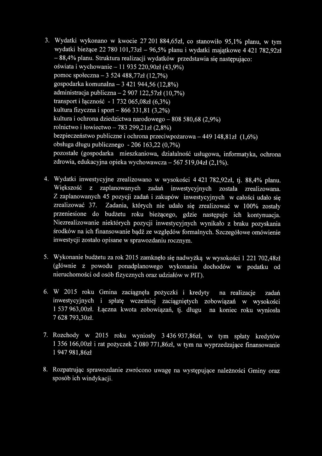 administracja publiczna - 2 907 122,57zł (10,7%) transport i łączność - 1 732 065,08zł (6,3%) kultura fizyczna i sport - 866 331,81 (3,2%) kultura i ochrona dziedzictwa narodowego - 808 580,68 (2,9%)