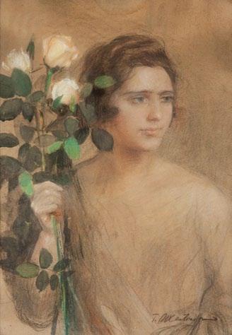 14 Teodor Axentowicz (1859 Braszow 1938 Kraków) Studjum kobiece z gałązką żółtych róż pastel, kredka, akwarela/karton, 61 x 43 cm (w świetle ramy) sygnowany p.d.: 'T.