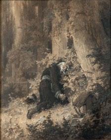 22 23 22 Michał Elwiro Andriolli (1836 Wilno 1893 Nałęczów) Miecznik klęczący przy mogiłach córki i żony kredka,