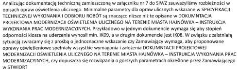 Odp. Wyjaśnienie porządkowe dotyczące rozbieżności opisów parametrów zastosowanego sprzętu pomiędzy Dokumentacją projektową, a STWIOR.
