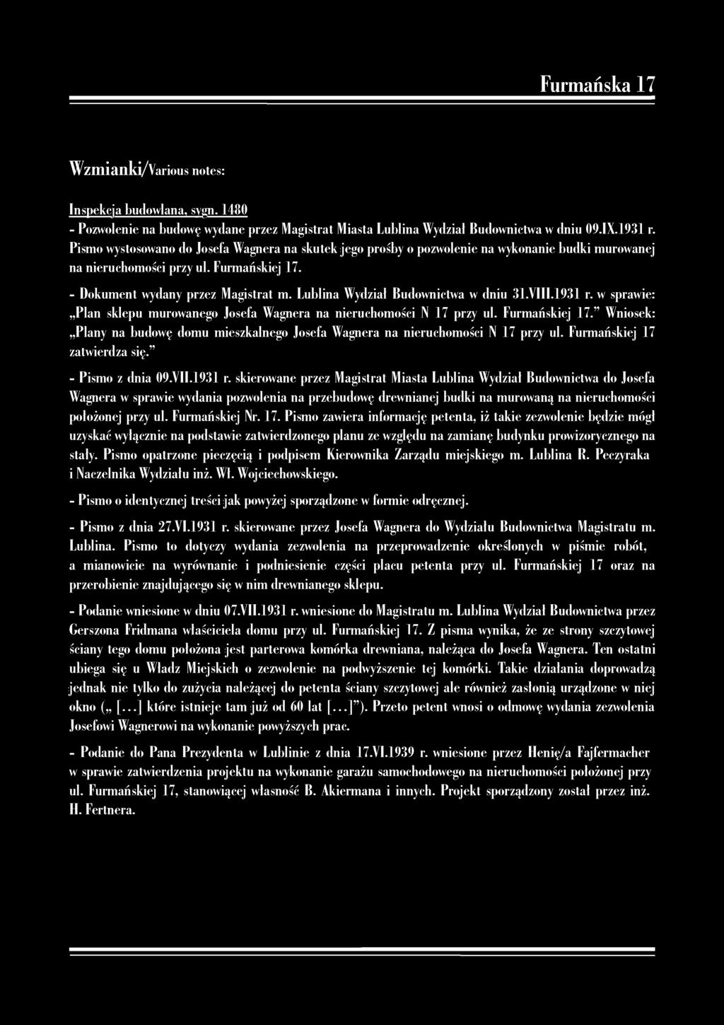 Wzmianki/Various notes: Inspekcja budowlana, sygn. 1480 - Pozwolenie na budowę wydane przez Magistrat Miasta Lublina Wydział Budownictwa w dniu 09.IX.1931 r.