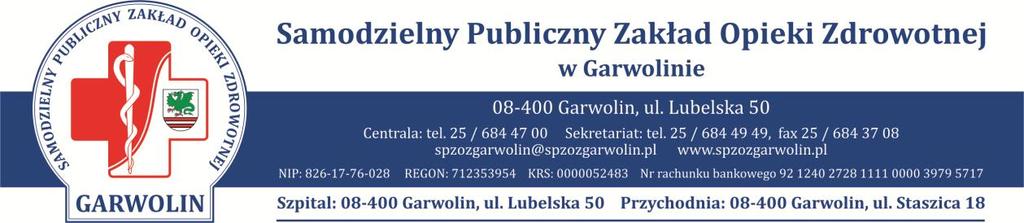 Pismo: OZP/03/2015/7 Garwolin, dnia 2015-05-20 P O W I A D O M I E N I E o wyborze najkorzystniejszej oferty Samodzielny Publiczny Zakład Opieki Zdrowotnej w Garwolinie informuje, iż w postępowaniu o