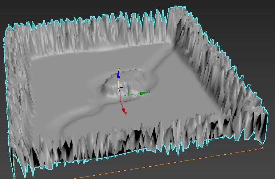 7. Wyeksportować obraz do formatu jpg, obraz ten posłuży jako mapa wysokościowa (heightmap). 8. W programie 3dsmax dodać utworzony obraz w polu Bitmap modyfikatora displace. 9.