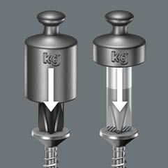 ANTI ROLL-OFF LASERTIP KRAFTFORM ERGONOMICS Wera Lasertip zmniejsza wymagany nacisk i pozwala na przenoszenie wiekszych sił. Montaz wkretów jest bezpieczniejszy i wygodniejszy.