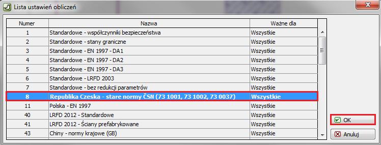 W ramce "Ustawienia" naciśnij przycisk "Wybierz ustawienia" a następnie wybierz z listy dostępnych ustawień numer 8 "Republika Czeska stare normy CSN