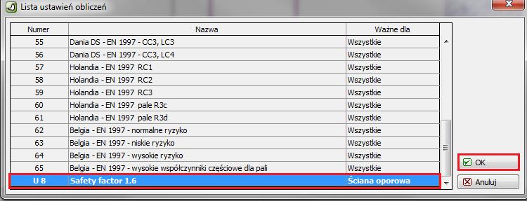 Dodany zestaw ustawień obliczeń pojawi się jako standardowy na liście ustawień obliczeń.