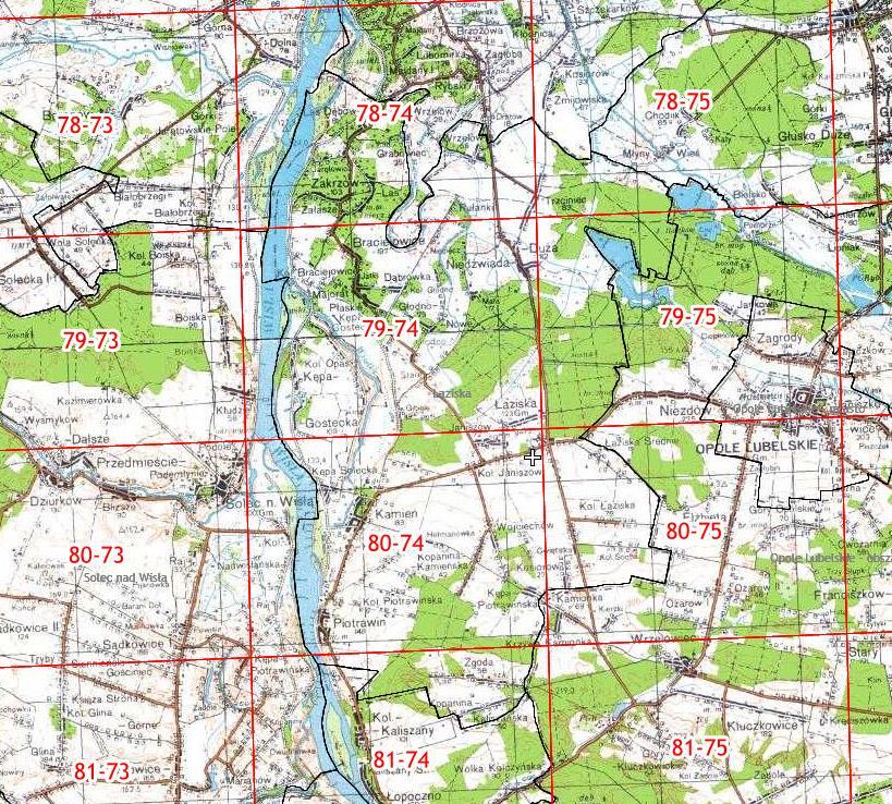 Mapa 1. Gmina Łaziska na tle podziału na arkusze AZP Na obszarze 80-74 znajduje się stanowisko w Piotrawinie, na którym badania wykopaliskowe na początku lat 70-tych ub.