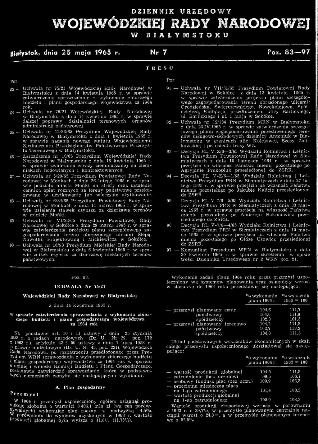 85 U chw ała nr 12/83/65 Prezydium W ojewódzkiej Rady Narodowej w B iałym stoku z dnia 1 kw ietnia 1965 r.