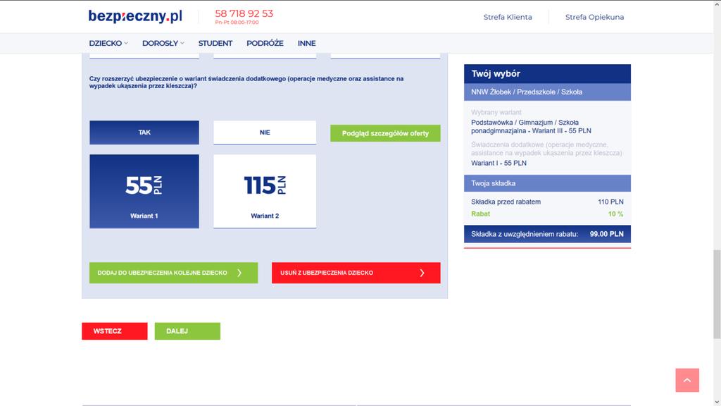 12. Wybierz rozszerzenie i dodaj kolejne dziecko Jeżeli chcesz rozszerzyć zakres ochrony o pakiet dodatkowy, to wybierz proszę wybrany wariant pakietu dodatkowego.