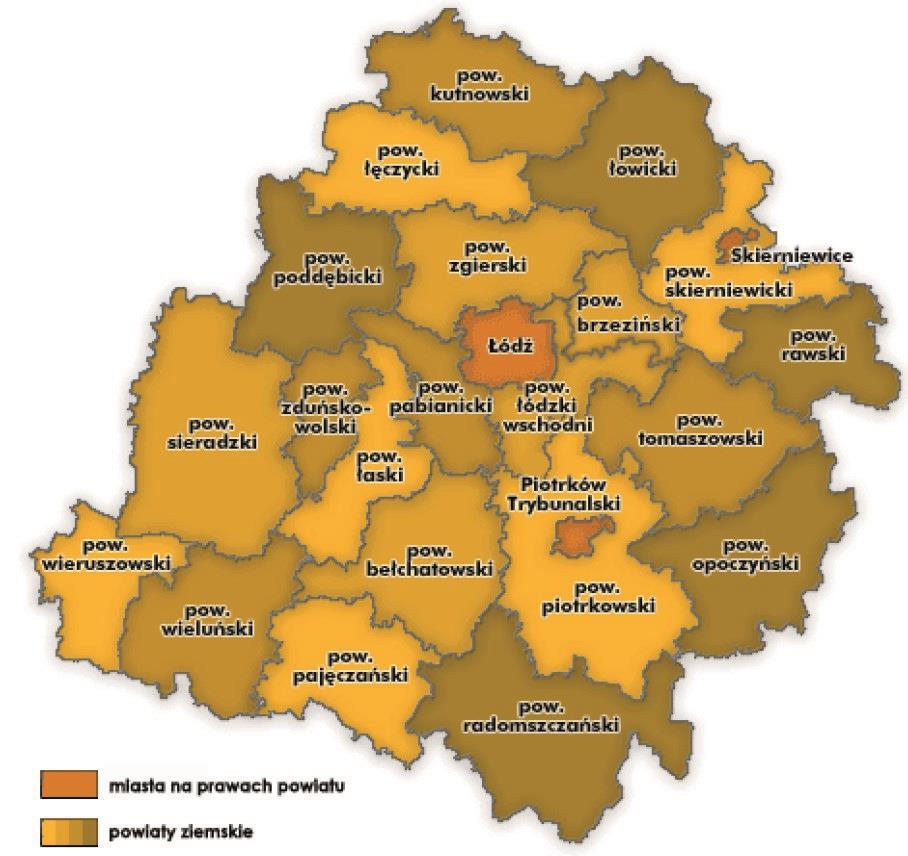 BIULETYN ZACHOROWAŃ NA NOWOTWORY ZŁOŚLIWE W WOJEWÓDZTWIE ŁÓDZKIM - NUMER 12 Rysunek 1. Województwo łódzkie - podział administracyjny. 4.