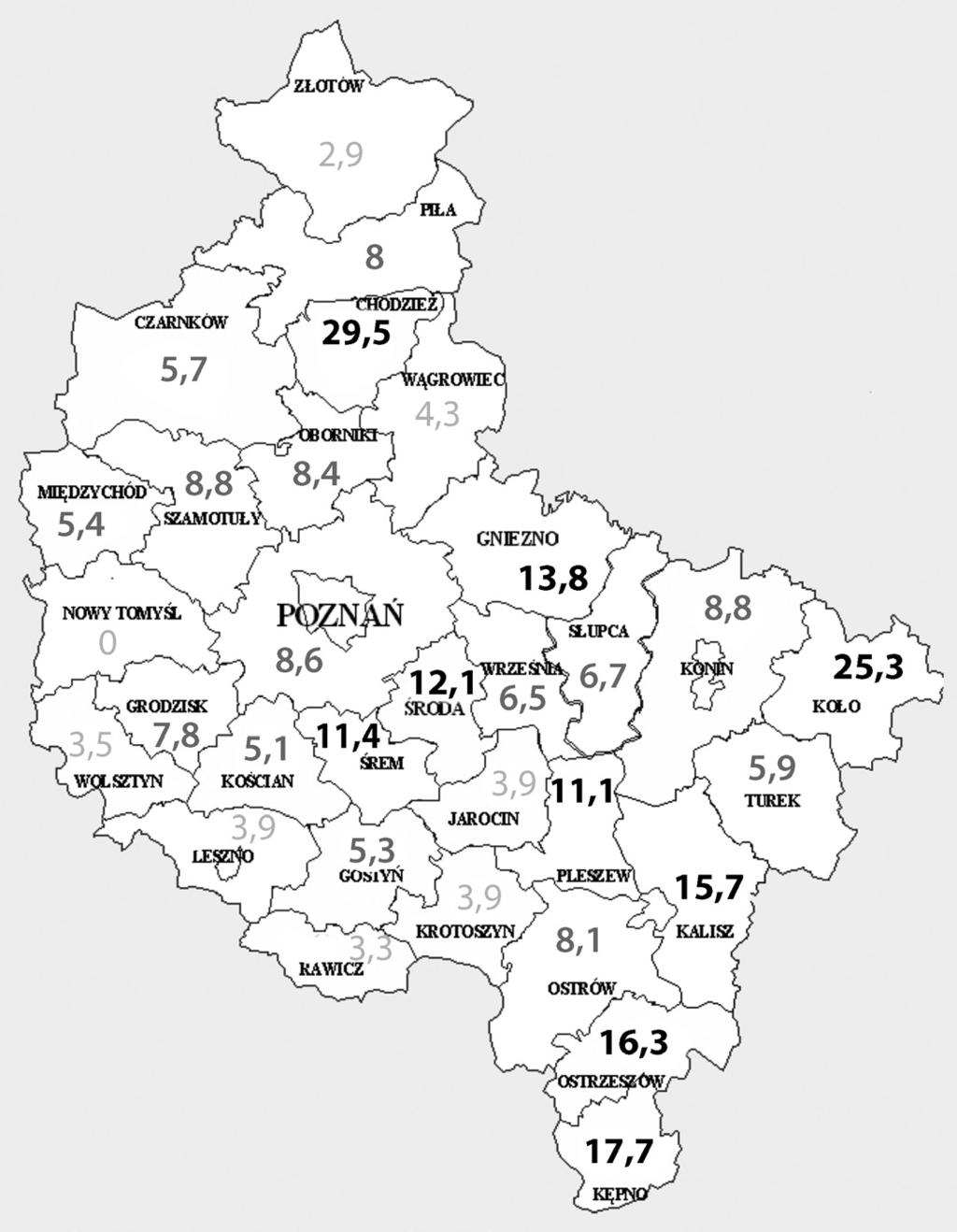 Beata Marciniak, Andrzej Trybusz 49 Ryc. 14. Zapadalność na gruźlicę w powiatach województwa wielkopolskiego w 2017 r. (zapadalność na 100 tys. ludności) 8,9 średnia zapadalność w woj.