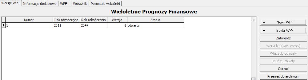 4. Uchwalanie WPF oraz załącznika przedsięwzięd Aby zatwierdzid Wieloletnią Prognozę Finansową wraz z załącznikami, należy: 1. Przejśd na zakładkę WPF, kliknąd przycisk Prognozy ; 2.