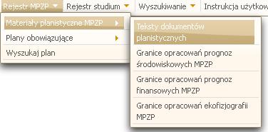 5 Rejestr MPZP 5.1 Materiały planistyczne MPZP W celu zobaczenia dostępnych danych atrybutowych użytkownik wybiera z menu Rejestr MPZP-> Materiały planistyczne.