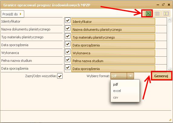 5.2.1 Wyświetlanie wybranych z dokumentów oraz eksport do pliku Możliwe jest generowanie granicy opracowań prognoz środowiskowych MPZP w formie tabelarycznej, oraz przeglądanie danych z możliwością