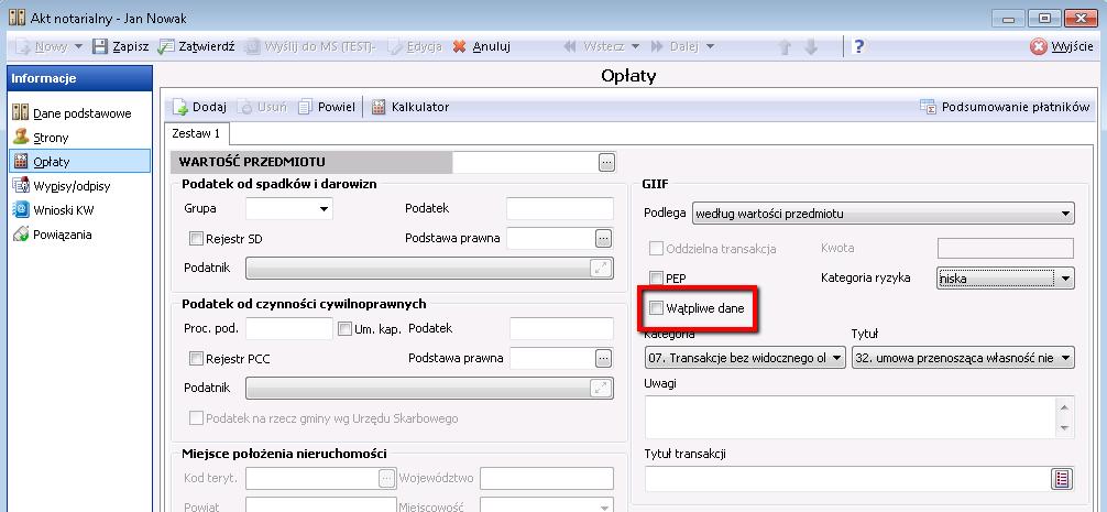 2.2 Nowa opcja Wątpliwe dane. Opcja ta określa czynność, w której zaistniały wątpliwości co do prawdziwości lub kompletności uzyskanych danych identyfikacyjnych klienta.