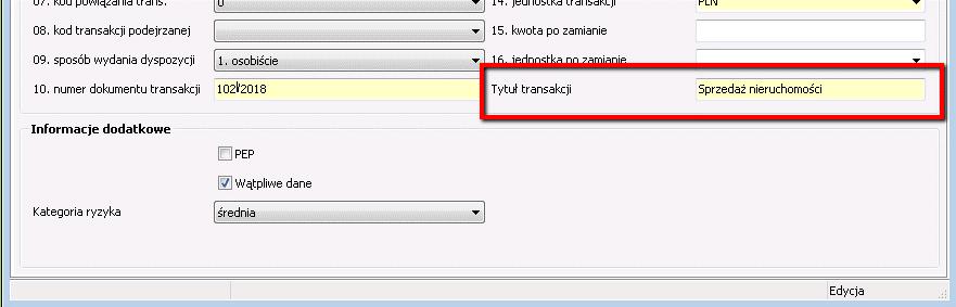 karty Opłaty w sekcji GIIF czynności notarialnej zostało dodane pole Tytuł transakcji.