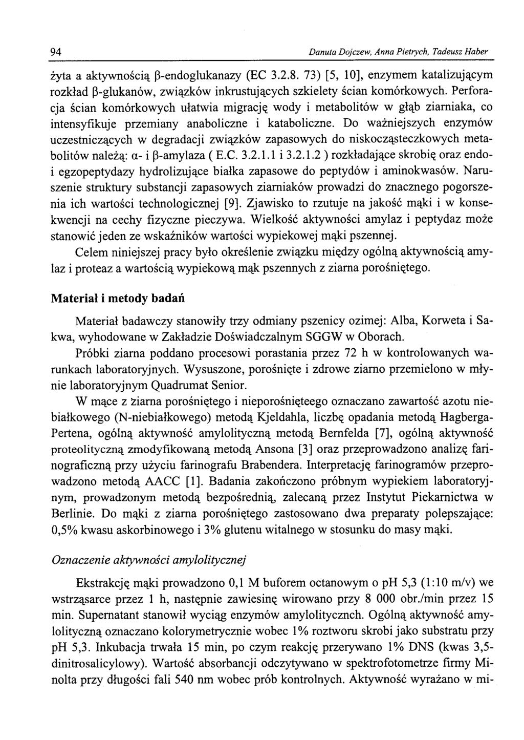 94 Danuta Dojczew, Anna Pietrych, Tadeusz Haber żyta a aktywnością P-endoglukanazy (EC 3.2.8.