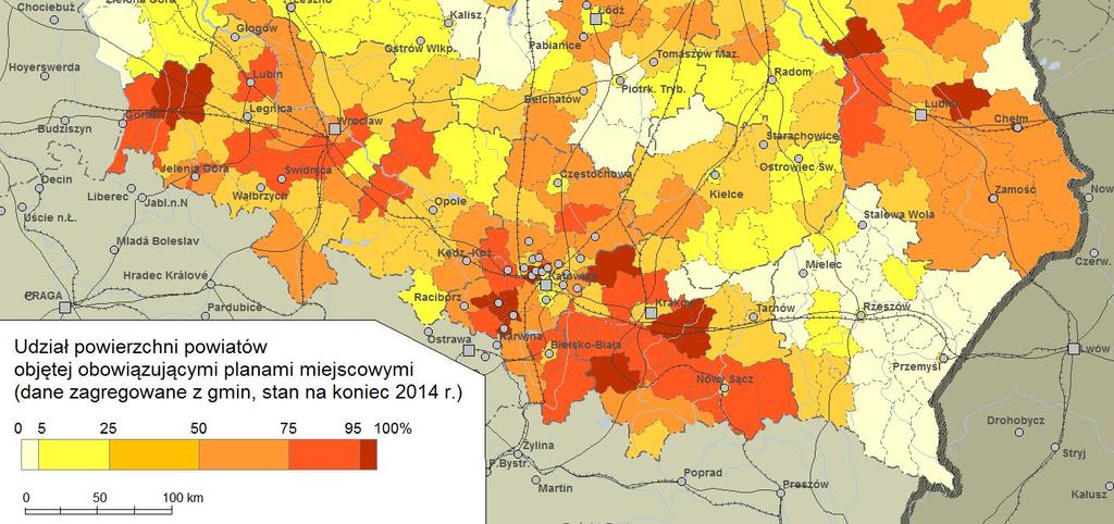 powiatach w końcu 2014 r.