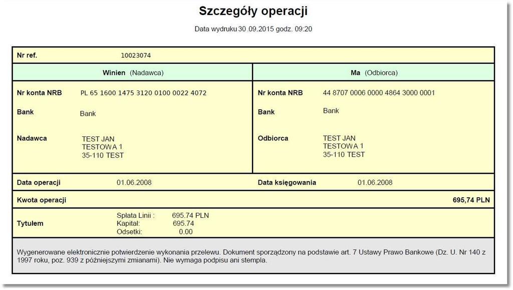 Wydruk szczegółów operacji składa się z następujących elementów: 1. Tytuł wydruku o treści "Szczegóły operacji" znajdujący się w górnej części wydruku 2. Data i godzina wydruku np. "Data wydruku 30.