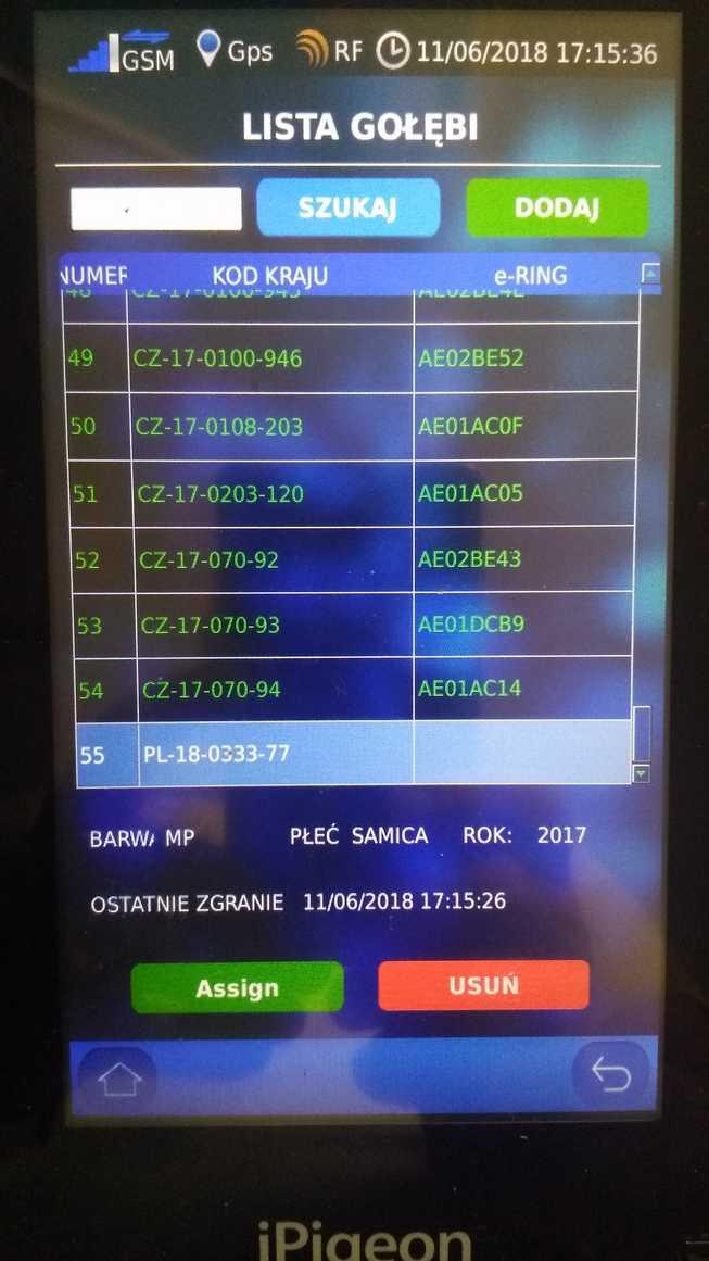Jest to na przykład nowo dodany gołąb w bazie danych. Zauważ, że nie ma przypisanego numeru układu, to wszystko.