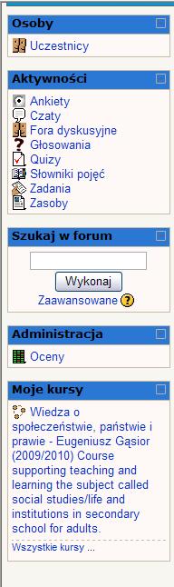 Po lewej stronie znajdują się zakładki odpowiednio nazwane: Osoby/Uczestnicy (klikając na nią wyświetlamy listę uczestników