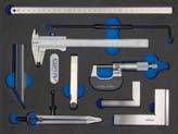 mikrometr kabłąkowy -2 mm, 1 rysik traserski prosty/zagięty, 2 mm, 1 cyrkiel prosty ze sprężyną 12 mm, 1 liniał krawędziowy DIN 874, 12 mm, nierdzewny, 1 kątownik DIN 87/1, 1 x 7 mm, nierdzewny, 1