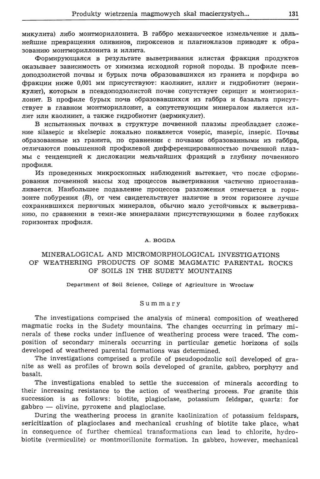 Produkty wietrzenia magmowych skał macierzystych... 131 микулита) либ мнтмриллнита.